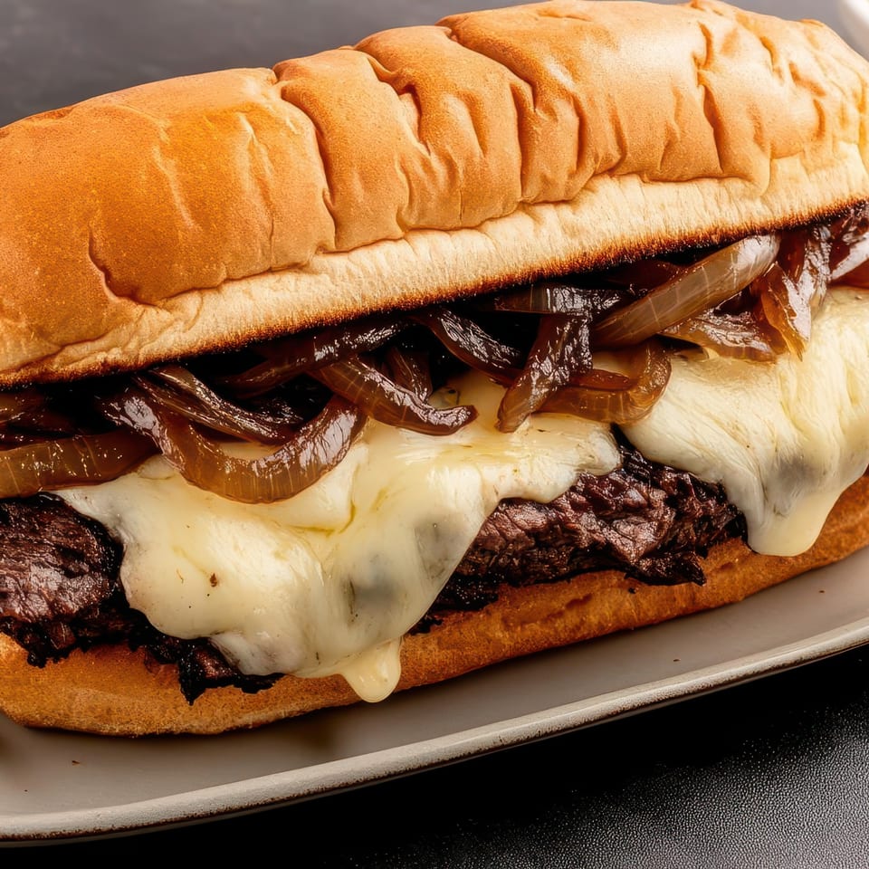 Close-up of a Philly cheesesteak sandwich with melted cheese and caramelized onions on a gray plate.