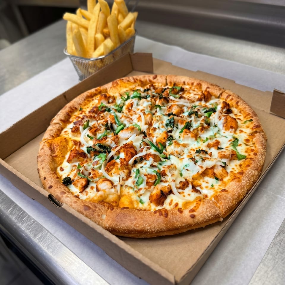 A chicken pizza with green peppers and onions in a box, with a side of fries.