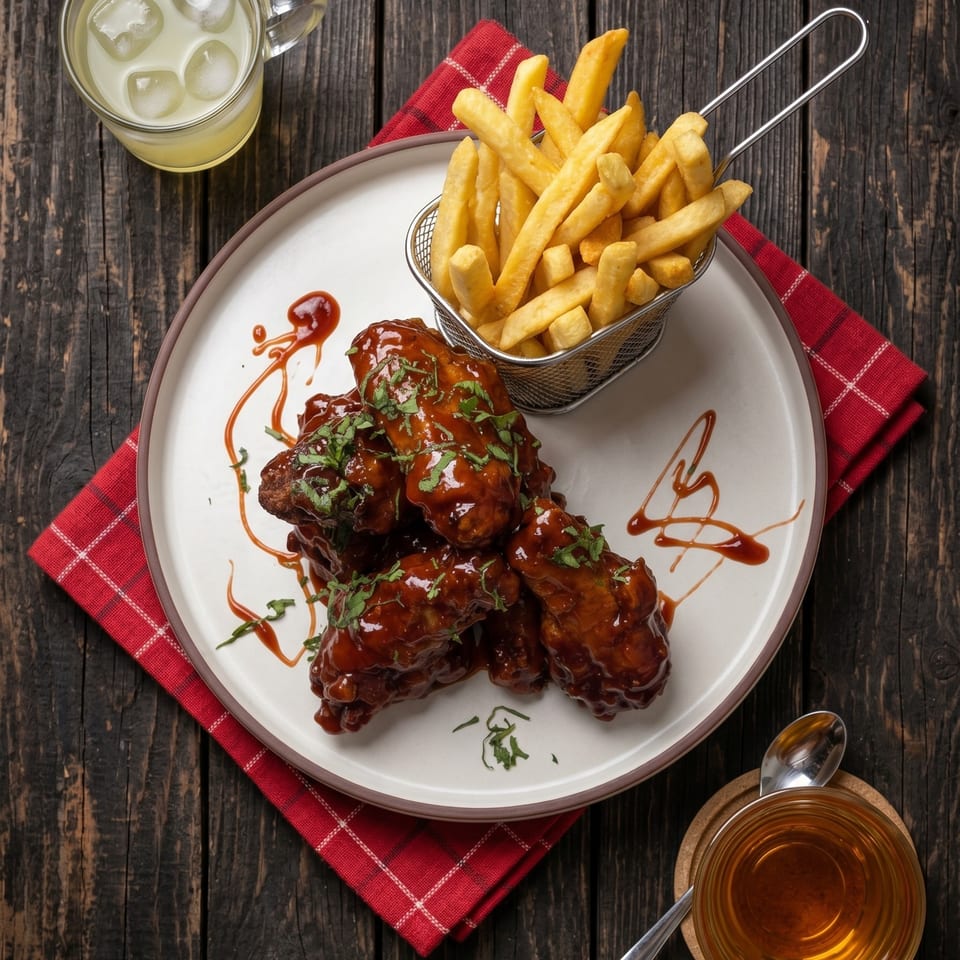 Top-down view of BBQ chicken wings with fries, a drink, and a red checkered napkin on a wooden table.